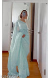Blue net saree with heavy embroidery work, Indian handcrafted sequin blouse