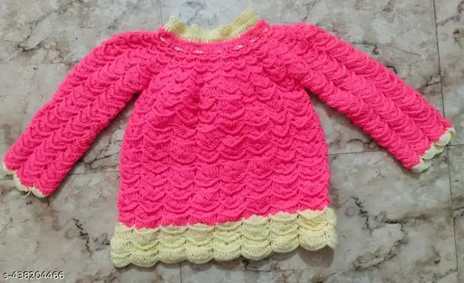 Hand knitted woolen pink and yellow sweater for baby girls, high quality self-design, long sleeves, warm and cozy winter wear