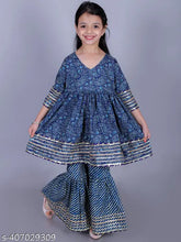 Navy blue cotton floral paisley print Anarkali/Flared Kurta & Sharara set for girls, featuring intricate embellishments and a flared silhouette. Perfect for special occasions or festive celebrations. Sizes: 2-3Y (20in), 3-4Y (22in), 4-5Y (24in), 5-6Y (26in), 6-7Y (28in), 7-8Y (30in), 9-10Y (32in), 11-12Y (34in), 13-14Y (36in). Made in India
