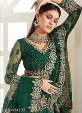 Dark Green Embroidered Lehenga Choli & Dupatta with Heavy Embroidery, Indian handcrafted bridal ensemble