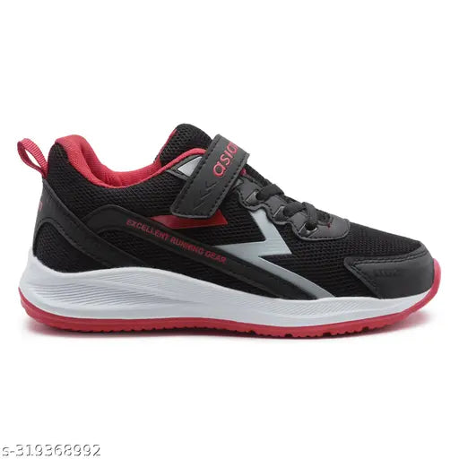 Black and red mesh kids' running shoes by Asian VAYU, ideal for boys aged 8-10 years. Solid net pattern with padded insole