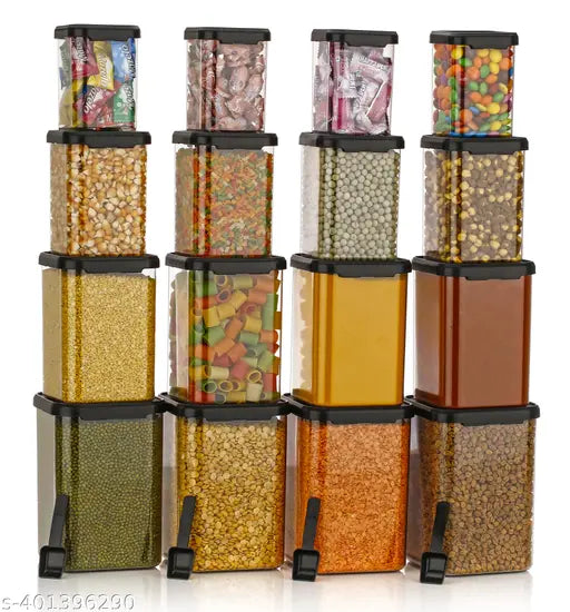 Black plastic multipack of 16 grocery containers (1400ml, 950ml, 650ml, 350ml) with matching spoons - trendy storage solution for pantry organization