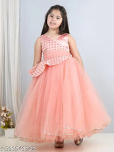 Peach net embellished party dress for kids, featuring toy balloon print and full length design, size 1-2 years (India origin)