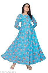 Women's flower printed Georgette long kurti, long sleeves with heavy American crêpe lining, round neck and slight color variations