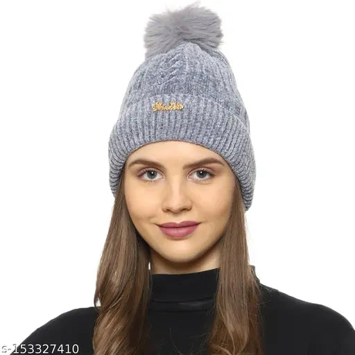 Woolen beanie (Ambitieux Women's Winter Snow Proof Pom Pom Cap with Inside Fur), ideal for winter outdoor activities