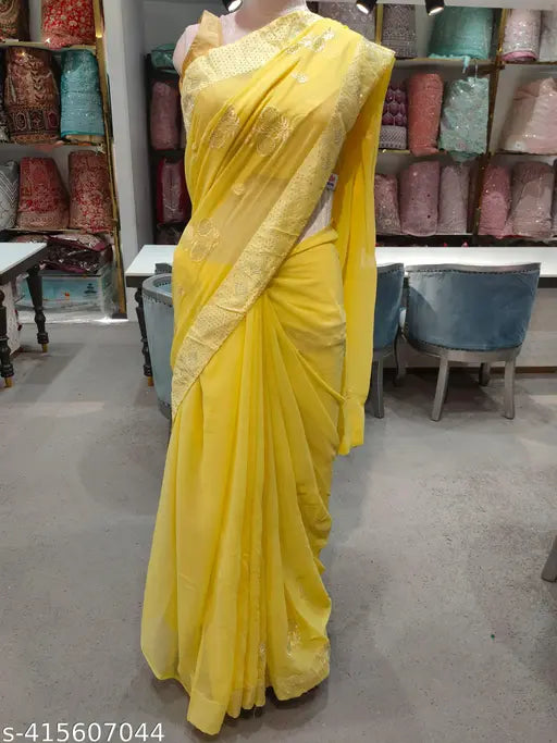 Yellow chiffon saree with embroidered blouse, Indian traditional wear for women