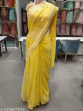 Yellow chiffon saree with embroidered blouse, Indian traditional wear for women