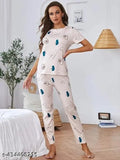 Luxurious women's satin night suit with avocado print, featuring premium cotton blend and loose-fitting design for ultimate comfort at home. Size range: S (30-28-30, 36), M (32-28-36), L (34-28-36), XL (36-13-36), XXL (38-30-38), Free Size (28-28-36). Perfect for gifting. Made in India