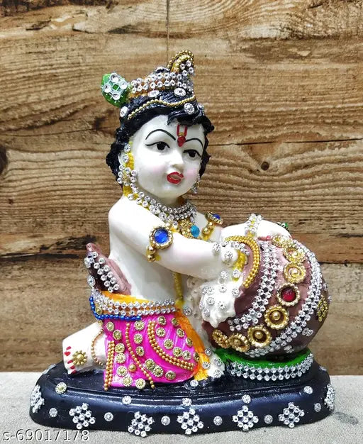 Handcrafted resin Bal Gopal Krishna Makhan Chor Statue Murti, 6 inch multicolor, ideal for home decor or pooja room