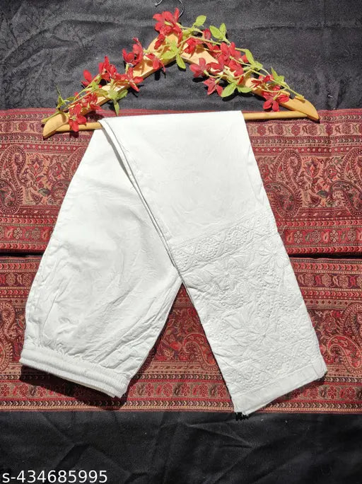 Chikankari stretchable cotton-lycra pant, embroidered net, fully elasticated waist, 2 pockets. Modern Indian fashion for women