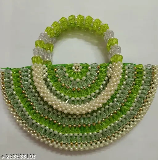 Rosy Green & White Beads handbag - Elegant embroidered net fabric, single compartment, free size (L10xW1xH6in), country of origin: India