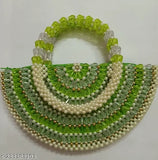 Rosy Green & White Beads handbag - Elegant embroidered net fabric, single compartment, free size (L10xW1xH6in), country of origin: India