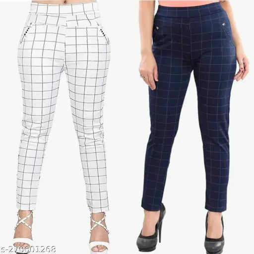 Stylish white and blue checkered Lycra jeggings combo for women's/girls, offering advanced quality double pockets for easy storage. Comfortable stretch design in sizes 24-32