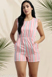 Women's printed crepe knee-length jumpsuit pack-2, sleeveless, vibrant pattern on display rack