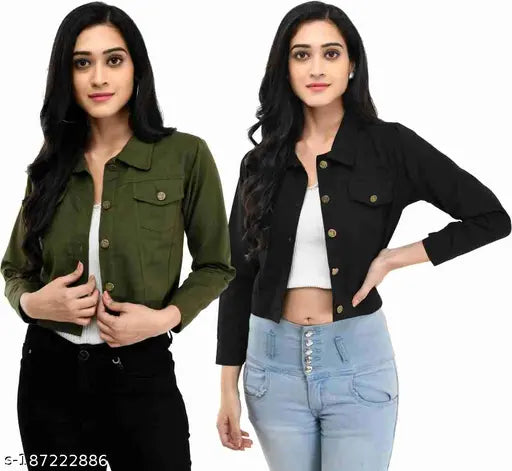 Mint green denim twill jacket, long sleeves, solid pattern, soft fabric - S (36in bust, 19in length) or M (38in bust, 19in length) - Indian origin