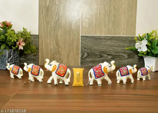 White, red orange paper mache handmade elephant figurines for home or office decor (6 pcs)