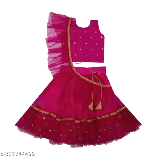 Fully-stitched embroidery lehenga choli and dupatta set in silk blend net with embroidered patterns. Indias handcrafted traditional outfit for girls aged 6 months to 10 years