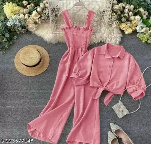 New color crepe sleeveless jumpsuit with shrug, solid net women's fashion, India-made