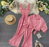 New color crepe sleeveless jumpsuit with shrug, solid net women's fashion, India-made
