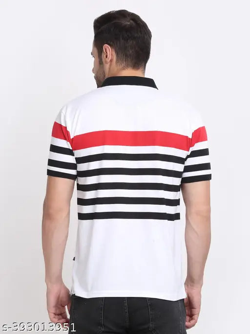 Blue striped cotton blend short sleeve polo t-shirt for men, half sleeves, India origin