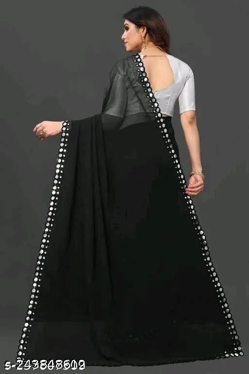 Georgette cut work saree with faux mirror work, Banarasi silk blouse, Indian party wear, free size (5.5m x 0.8m)