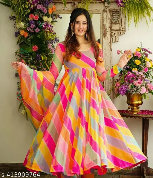 Blue Georgette Maxi Dress, Indian-inspired Bollywood style, long flare fit gown with dupatta (no bottomwear)