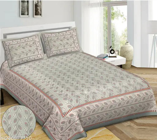 Jaipuri printed 160 TC cotton King size double bedsheet, floral pattern with 2 pillow covers, premium quality from India