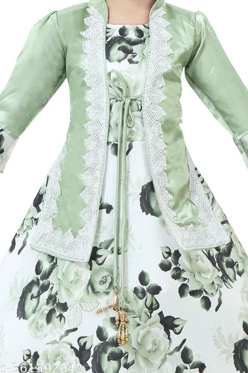 Light pink and green cotton blend lace net gown for girls aged 2-11 years, perfect for parties, weddings, festivals like Diwali, Navratri, and Christmas. Imported from India