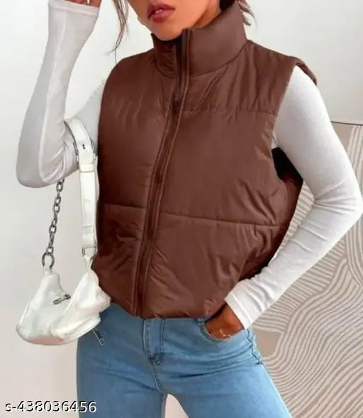 Cotton blend sleeveless crop jacket for women, solid design in various sizes (S-36" bust, M-38", L-40")