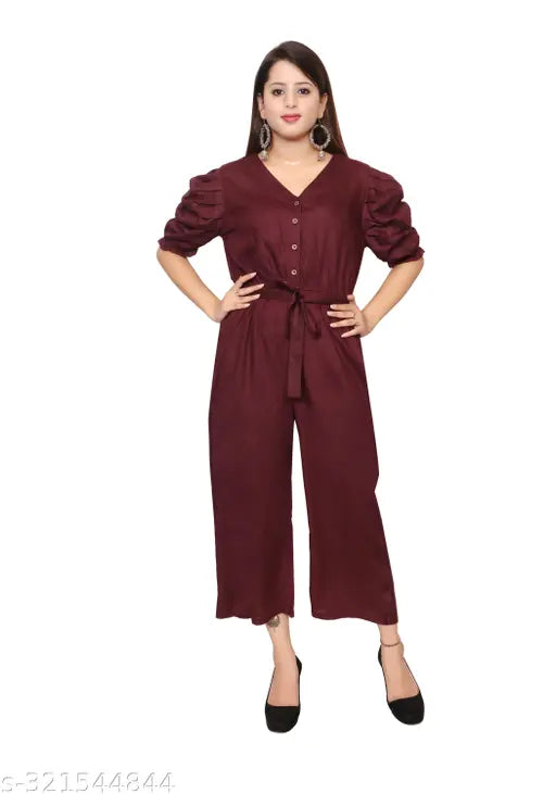 Maroon rayon, long-sleeved puff sleeve v-neck jumpsuit for women - trendy and elegant design, featuring practical pockets and a coordinating belt. Made in India