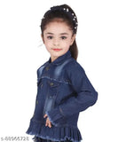 Denim full sleeve self-design jacket for girls, solid pattern, size 10-11 years (bust size 34in), made in India