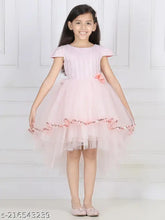Peach net hi-low girls party dress, embellished sleeve detail, 2-3 years size