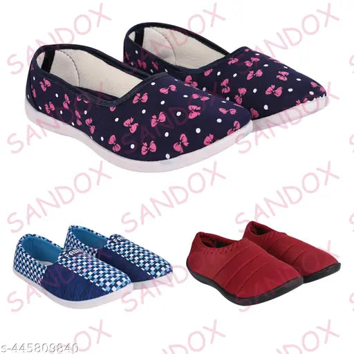 Canvas printed ballet flats set of 3: Sandox Women's Bellie, comfortable and fashionable, slip-on style in Indian sizes 5-9