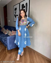 Cotton three-quarter sleeve bhandaj embroidery kurti and pant with printed combo, beautiful Indian attire for women