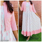 Rayon pink kurta with jacket, three-quarter sleeves, vibrant printed design. Made in India