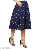Navy blue small dot print midi skirt combo for women, IBPanel polyester crepe flared style, available in sizes 26-34 inches