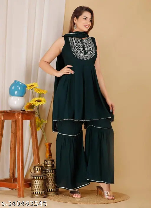 Green rayon kurta with sharara and dupatta set, embellished for festive and everyday wear