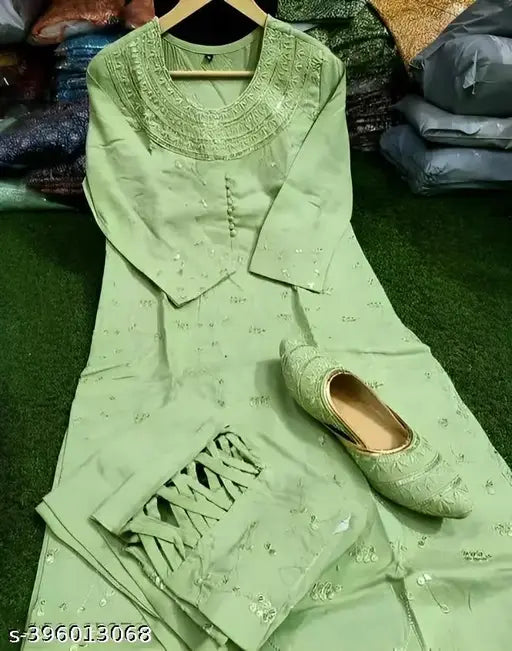 Viscose rayon embroidered kurti set with palazzos and matching juttis, beautiful Indian ethnic wear for women (M: 38", L: 40", XL: 42", XXL: 44")