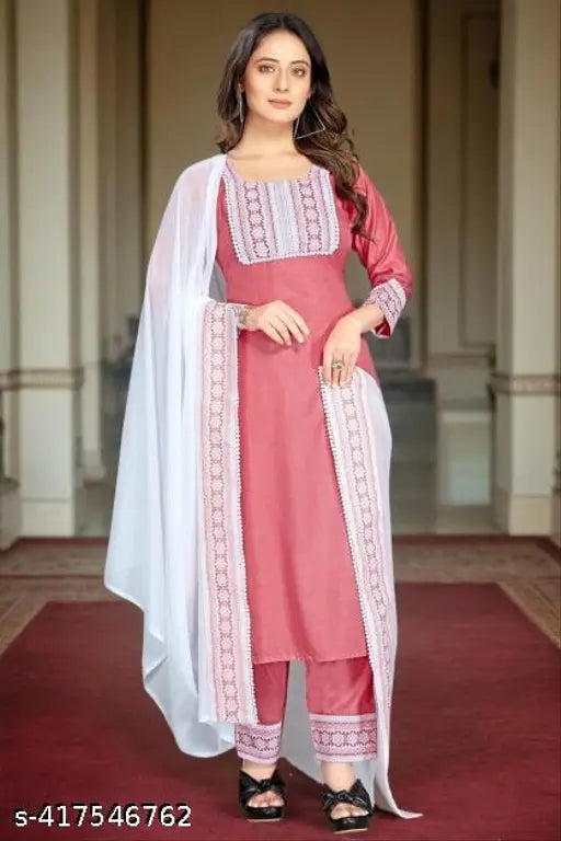 Cotton blend kurta set with dupatta and bottomwear by Clavinet - printed, three-quarter sleeves, single set sizes: S-XXXL, country of origin: India