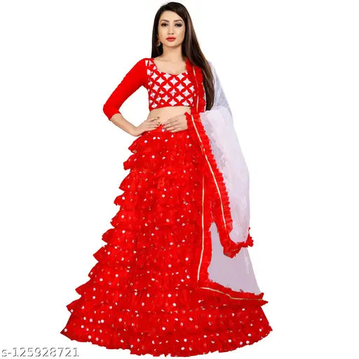 Embroidered Art Silk Lehenga C with Net Dupatta and Choli, semi-stitched (Lehenga waist size: 36in, Lehenga length size: 44in, Duppatta length size: 2.15in), Indian ethnic garment on display