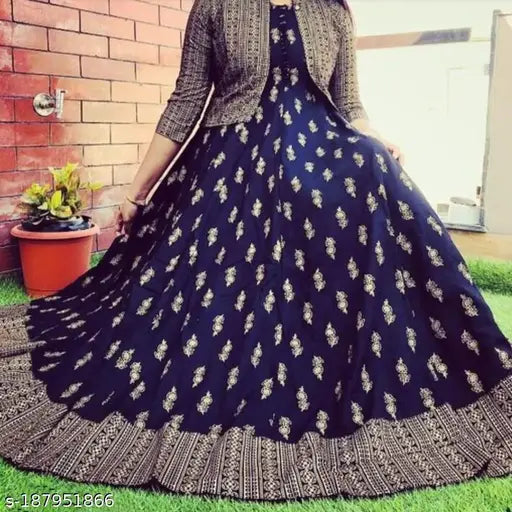 Rayon three-quarter sleeve kurtis with printed combo for women or girls, stylish gown and jacket set from India