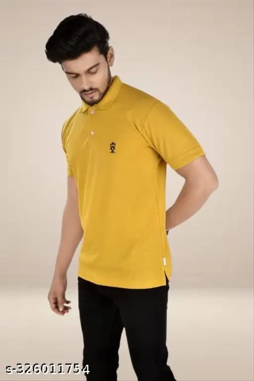 Yellow cotton polo blend VNeck short sleeves men's t-shirt on hanger, high-quality material blend and versatile style