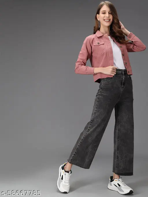 Cotton blend solid women's jacket with long sleeves and denim fabric, sophisticated style from Akacy's exclusive collection