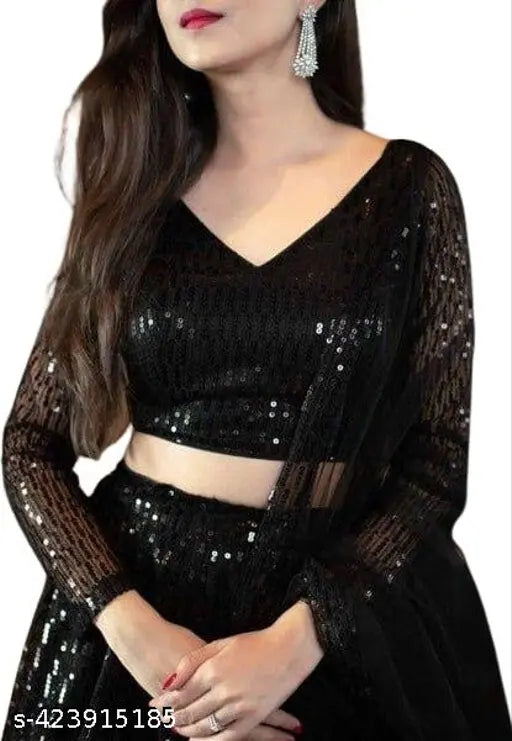 Anrika women's net embroidered semi-stitched lehenga choli and dupatta set, black party wear lehenga for women, elegant Indian fashion