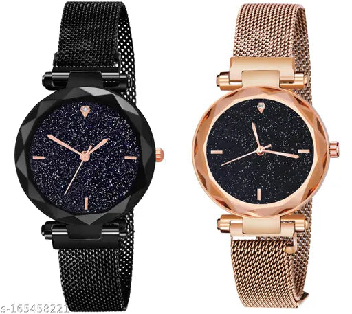 Classic women's gold stainless steel analog watch, free size dual time, black dial on rose gold mesh strap, stylish and trendy fashion accessory for ladies