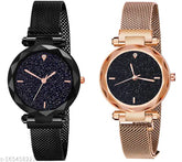 Classic women's gold stainless steel analog watch, free size dual time, black dial on rose gold mesh strap, stylish and trendy fashion accessory for ladies