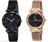 Classic women's gold stainless steel analog watch, free size dual time, black dial on rose gold mesh strap, stylish and trendy fashion accessory for ladies