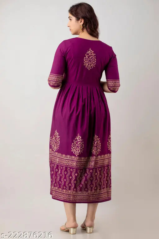 Rayon printed flared Anarkali Kurta with gold accents - Indian ethnic wear for daily or event gatherings