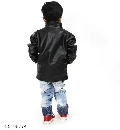 Boys black leather jacket, solid pattern, long sleeves, kids' size 2-3 years (30in chest, 19in length)