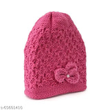 Dark Pink knitted wool beanie, unisex design with flower motif, ideal for women & girls' winter fashion